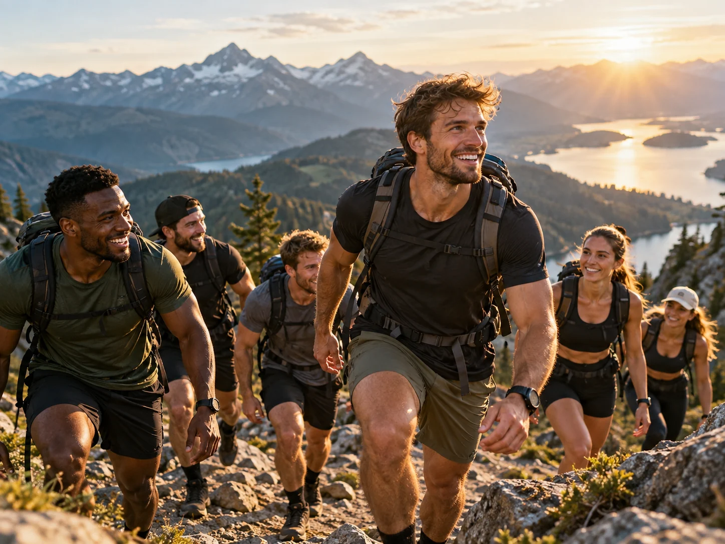 Mostly men hiking together at golden hour