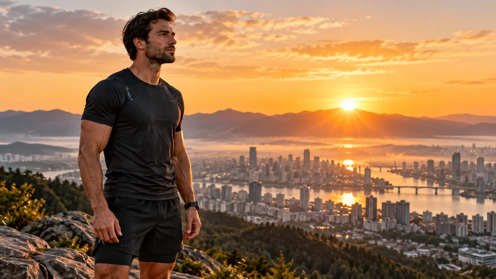 Athletic man overlooking a sunrise city after a workout